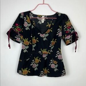 Anthropologie Floreat Black Floral Top Embroidered Sleeves Silk Blend Sz…